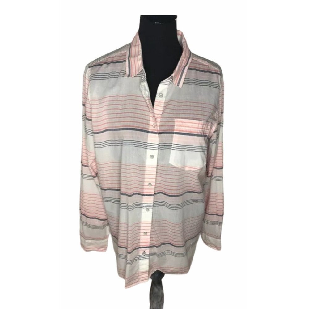 A.n.a Womens Button Up Shirt Multicolor Coral Stripe Long Sleeve Collar XL New